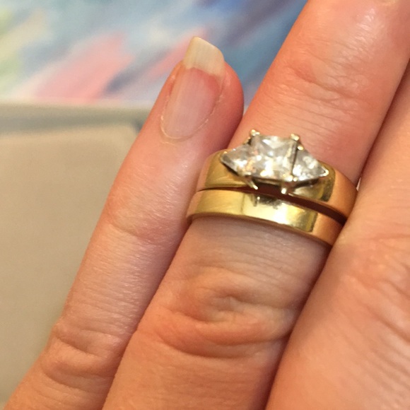 Jewelry - Princess Cubic Zirconia 14k Gold Wedding Band Set